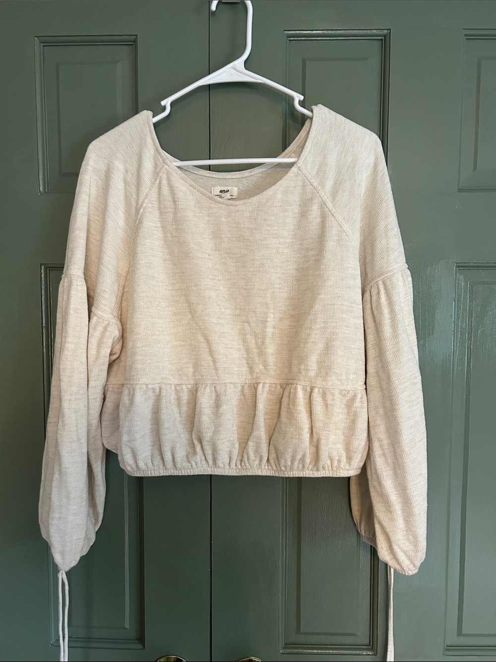 aerie Cream Cropped Bubble-Sleeve Sweatshirt